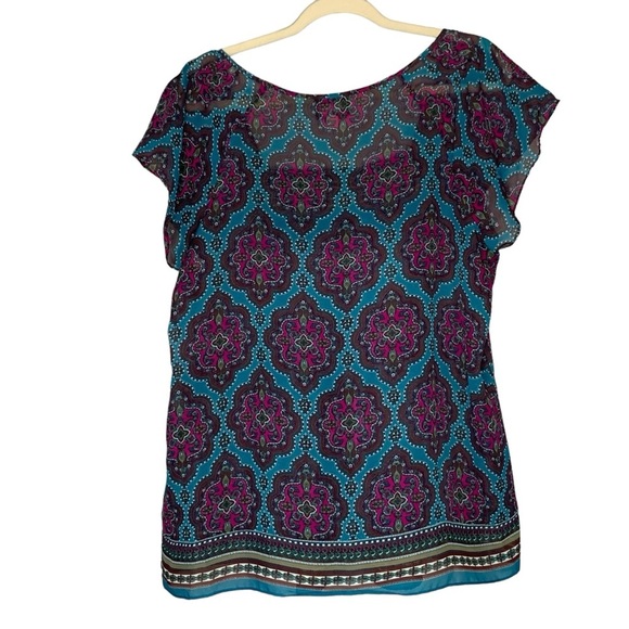 Beige by ECI sheer aqua brown and hot pink paisley flutter sleeve blouse. Size L - Picture 2 of 8